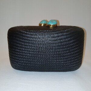 Kayu Jen Straw Clutch/Shoulder Bag With Turquoise Stone Black NWOT